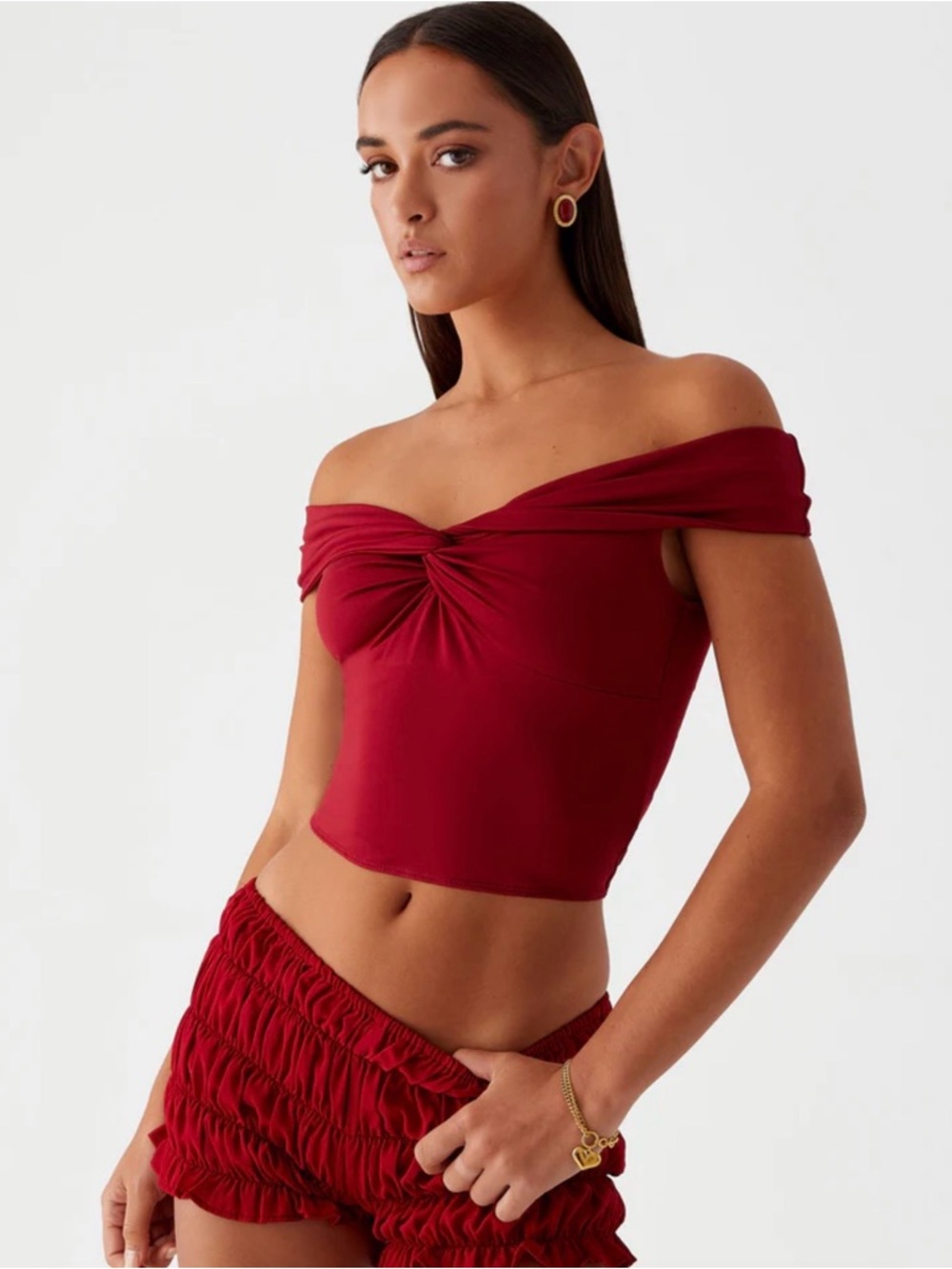 Peppermayo Off-Shoulder Twist Front Crop Top - Maroon